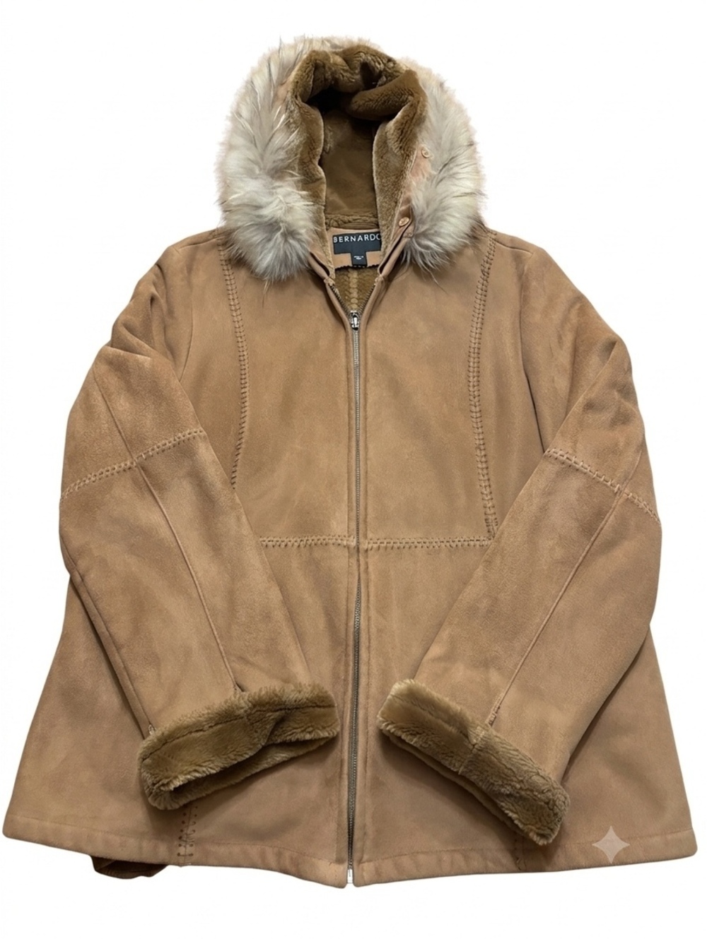 Bernardo Women's Brown Faux Suede Jacket with Fur Trimmed Hood – Size XL